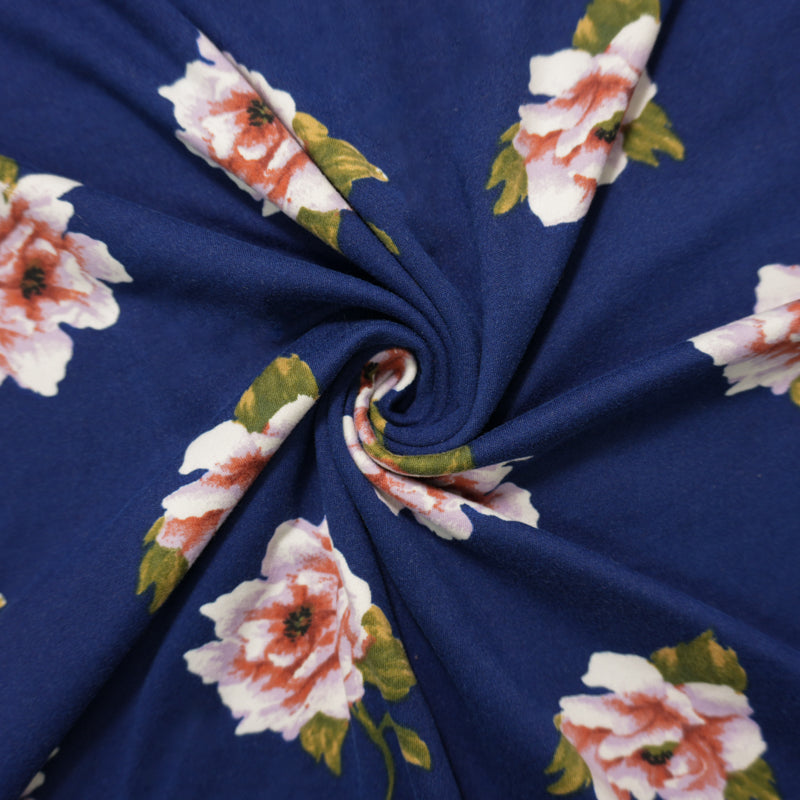 Blue-Purple-Multi Poly Floral Double Brushed Jersey Knit Fabric