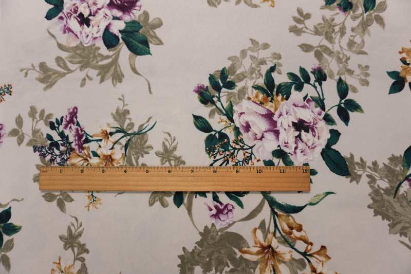 Ivory-Purple-Multi Poly Floral Double Brushed Jersey Knit Fabric