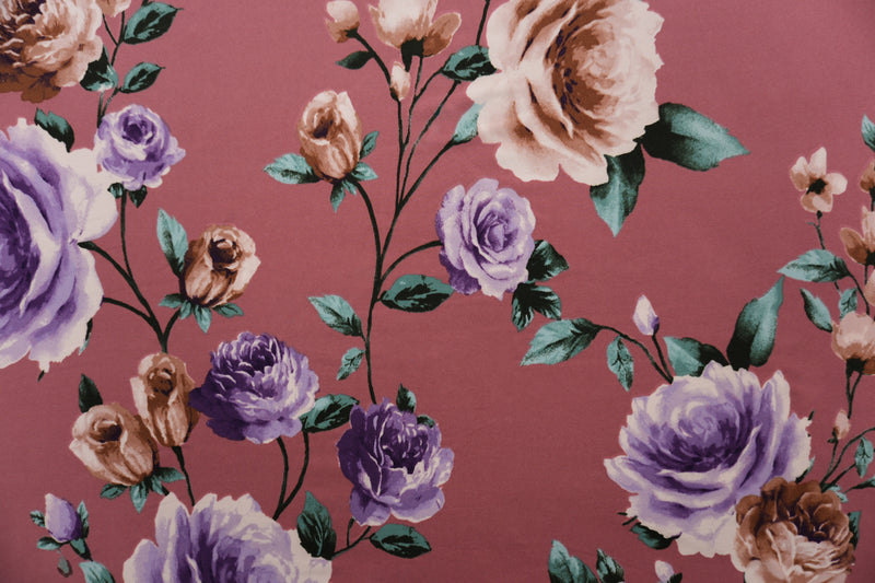 Pink-Purple-Multi Poly Floral Double Brushed Jersey Knit Fabric