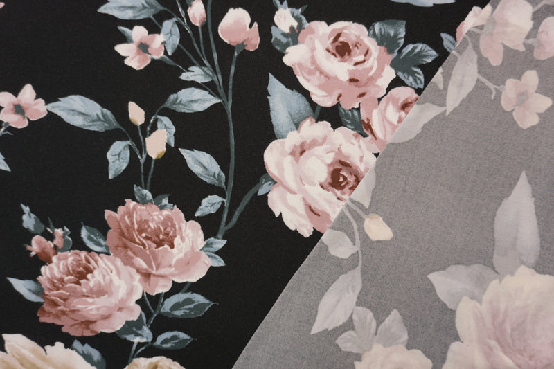 Black-Brown-Blue Poly Floral Double Brushed Jersey Knit Fabric