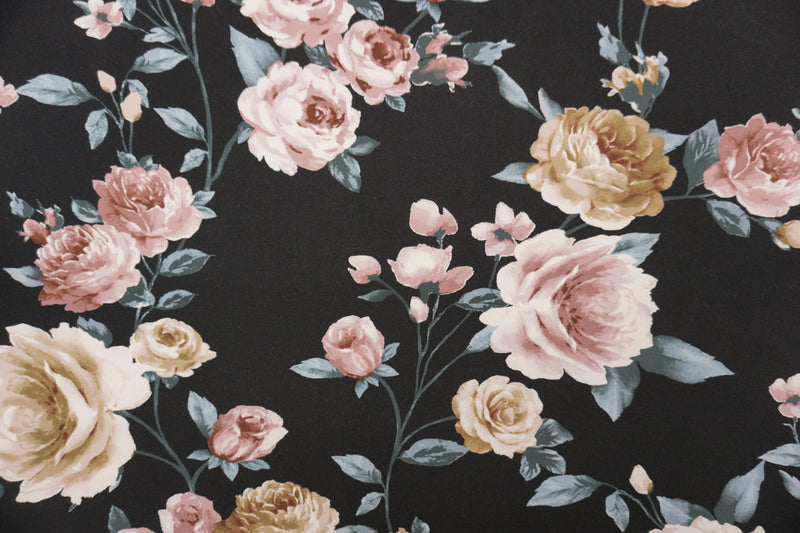 Black-Brown-Blue Poly Floral Double Brushed Jersey Knit Fabric