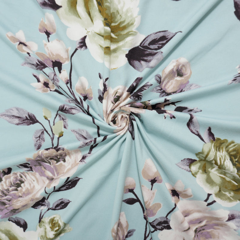 Blue-Multi Poly Floral Printed Double Brushed Jersey Knit Fabric