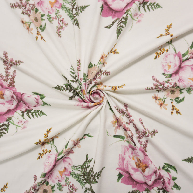 Ivory-Green-Pink Poly Floral Double Brushed Jersey Knit Fabric