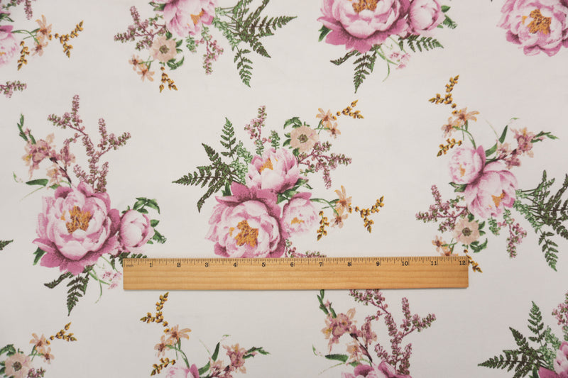 Ivory-Green-Pink Poly Floral Double Brushed Jersey Knit Fabric
