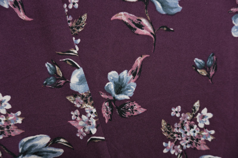 Purple-Blue-Multi Poly Floral Double Brushed Jersey Knit Fabric