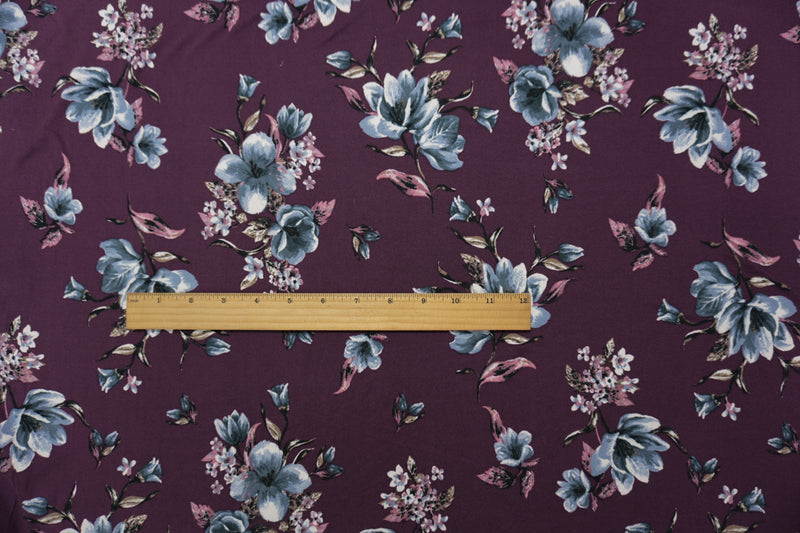 Purple-Blue-Multi Poly Floral Double Brushed Jersey Knit Fabric