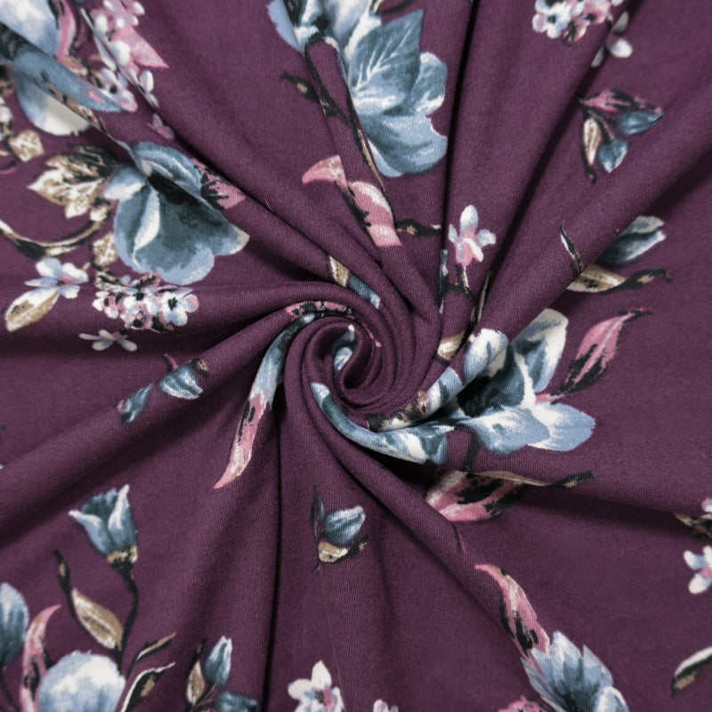 Purple-Blue-Multi Poly Floral Double Brushed Jersey Knit Fabric