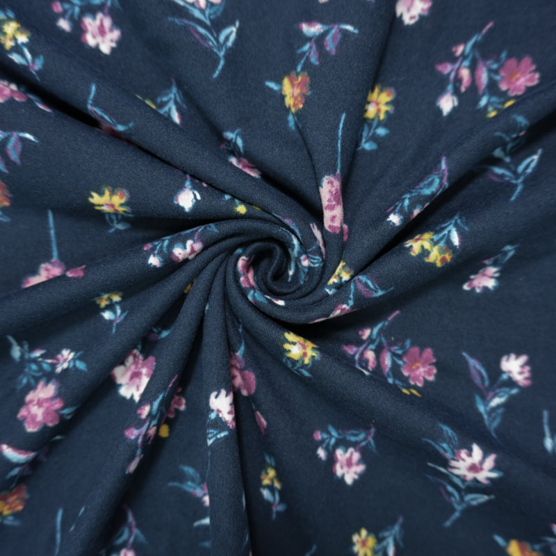 Deep Navy-Multi Poly Floral Double Brushed Jersey Knit Fabric