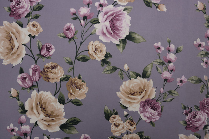 Purple-Beige-Multi Poly Spandex Floral Printed Double Brushed Jersey Knit Fabric
