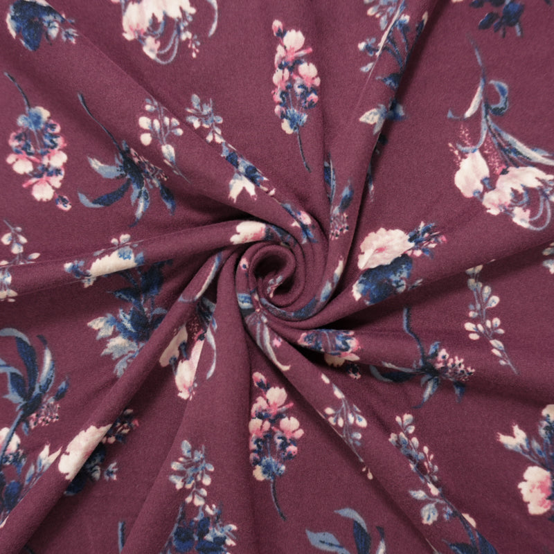 Burgundy Purple-Multi Poly Floral Double Brushed Jersey Knit Fabric