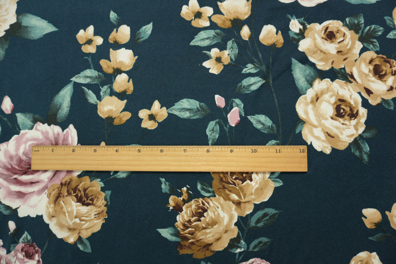 Deep Teal-Multi Poly Floral Double Brushed Jersey Knit Fabric