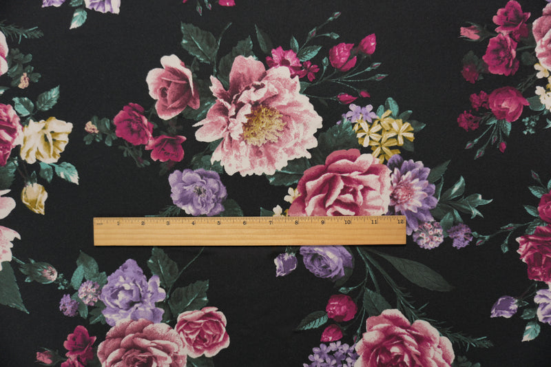 Black-Purple-Multi Poly Floral Double Brushed Jersey Knit Fabric