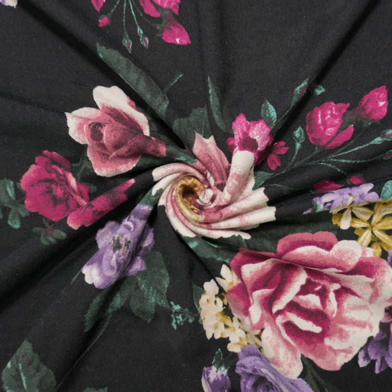 Black-Purple-Multi Poly Floral Double Brushed Jersey Knit Fabric