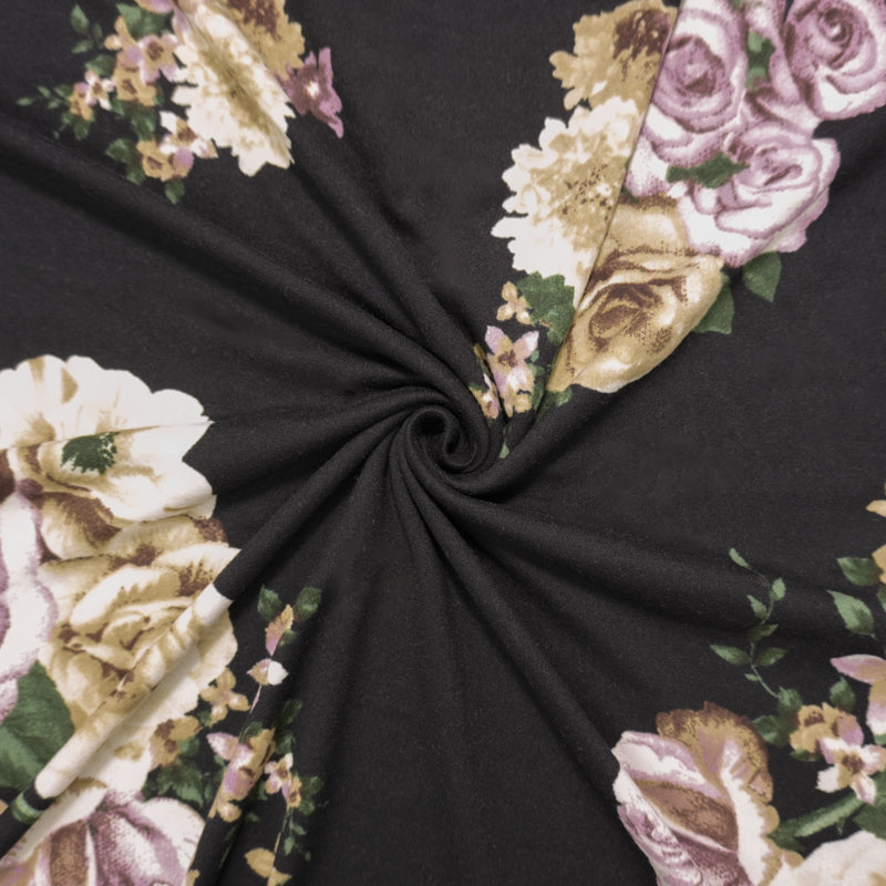 Black-Brown-Purple Poly Floral Double Brushed Jersey Knit Fabric