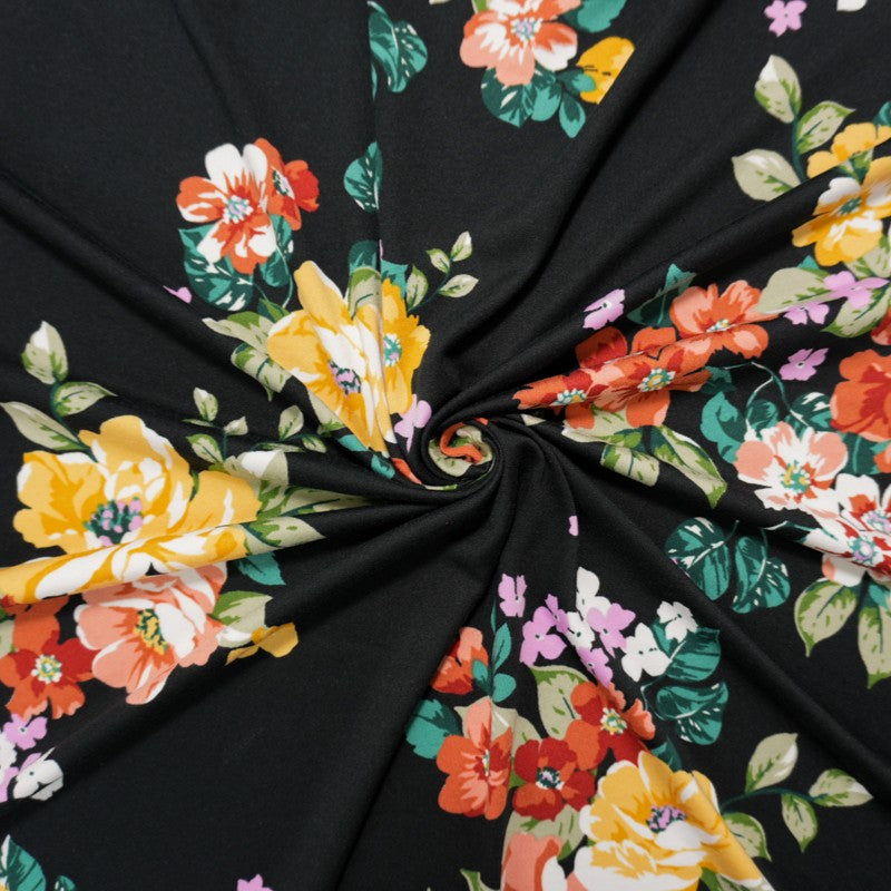 Black-Orange-Multi Poly Floral Double Brushed Jersey Knit Fabric