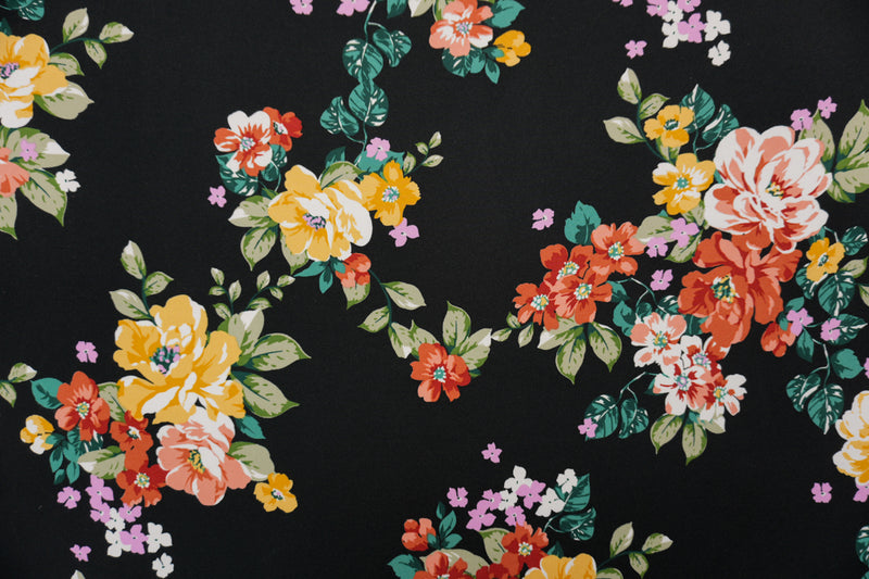 Black-Orange-Multi Poly Floral Double Brushed Jersey Knit Fabric