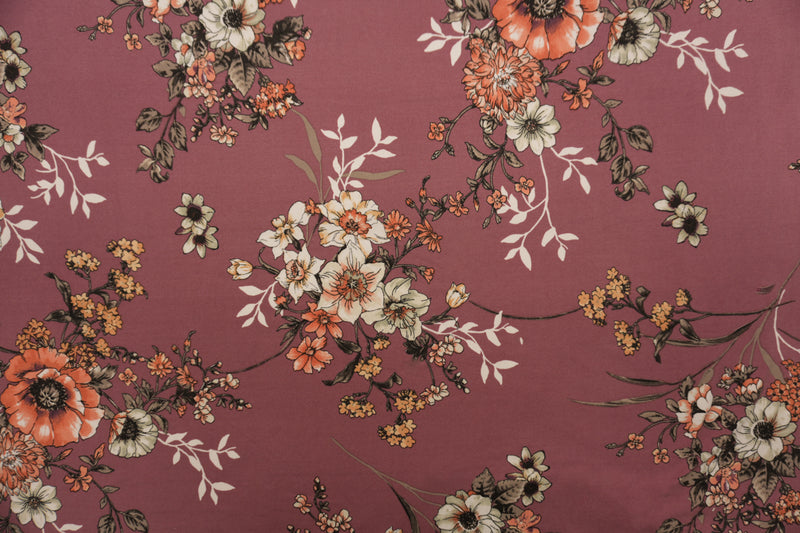 Purple-Coral-Multi Poly Floral Double Brushed Jersey Knit Fabric