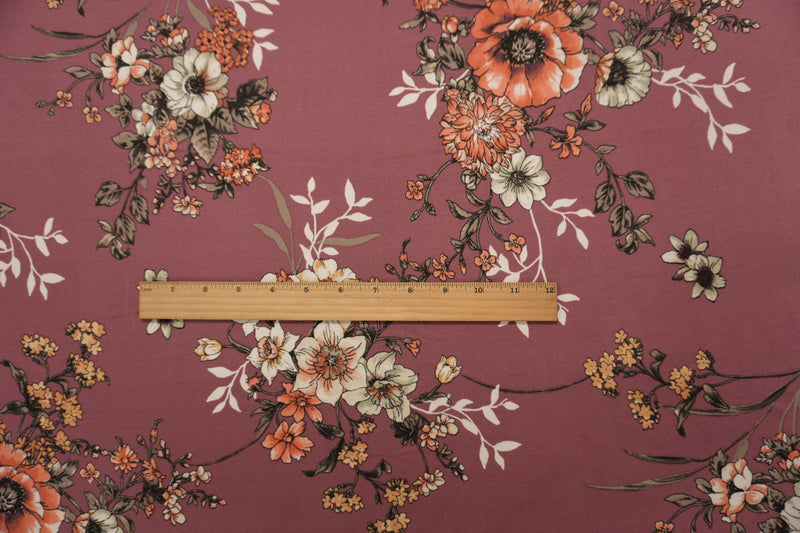 Purple-Coral-Multi Poly Floral Double Brushed Jersey Knit Fabric
