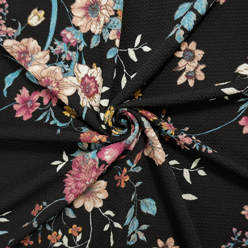 Black-Peach-Multi Poly Stretch Floral Bullet Double Knit Fabric