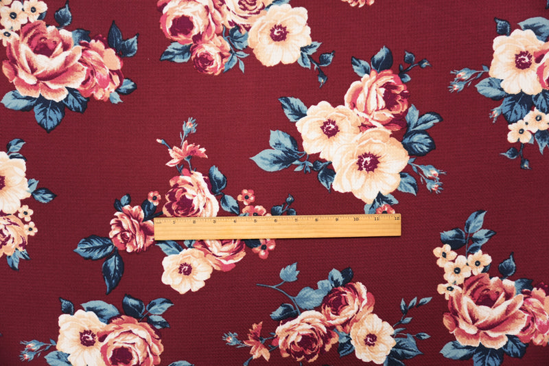 Red-Multi Poly Stretch Floral Bullet Double Knit Fabric