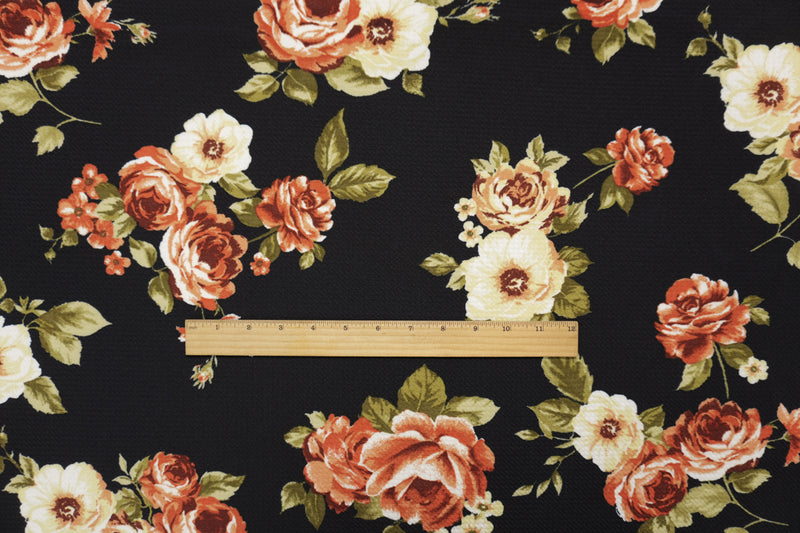 Black-Yellow Poly Stretch Floral Bullet Double Knit Fabric
