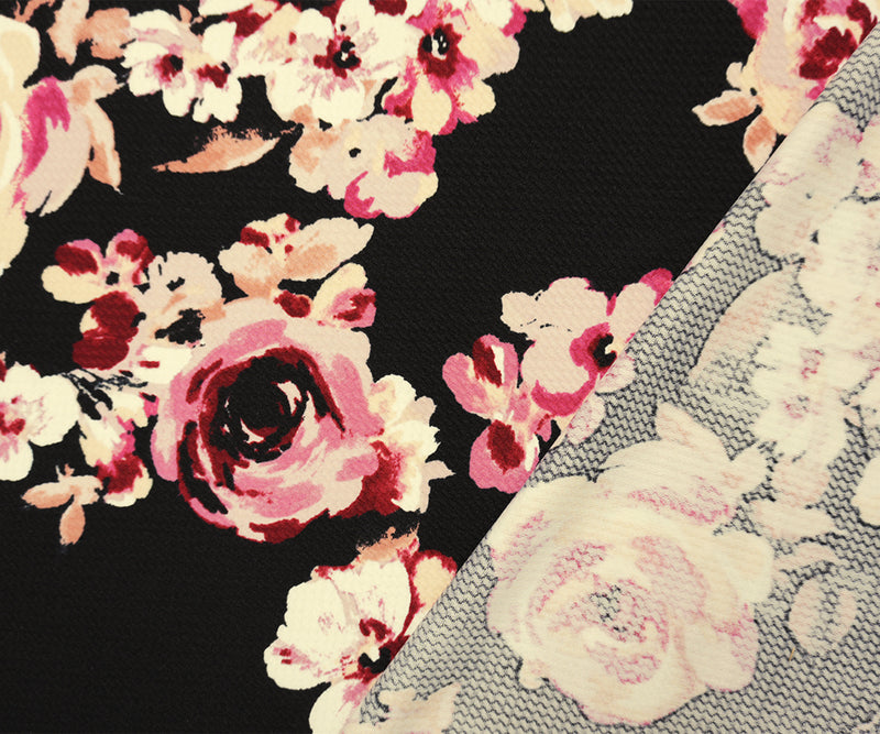Black-Pink Poly Stretch Floral Printed Bullet Double Knit Fabric