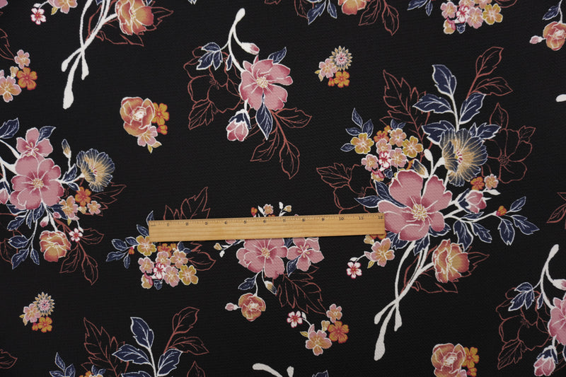 Black-Multi Poly Stretch Floral Printed Bullet Double Knit Fabric
