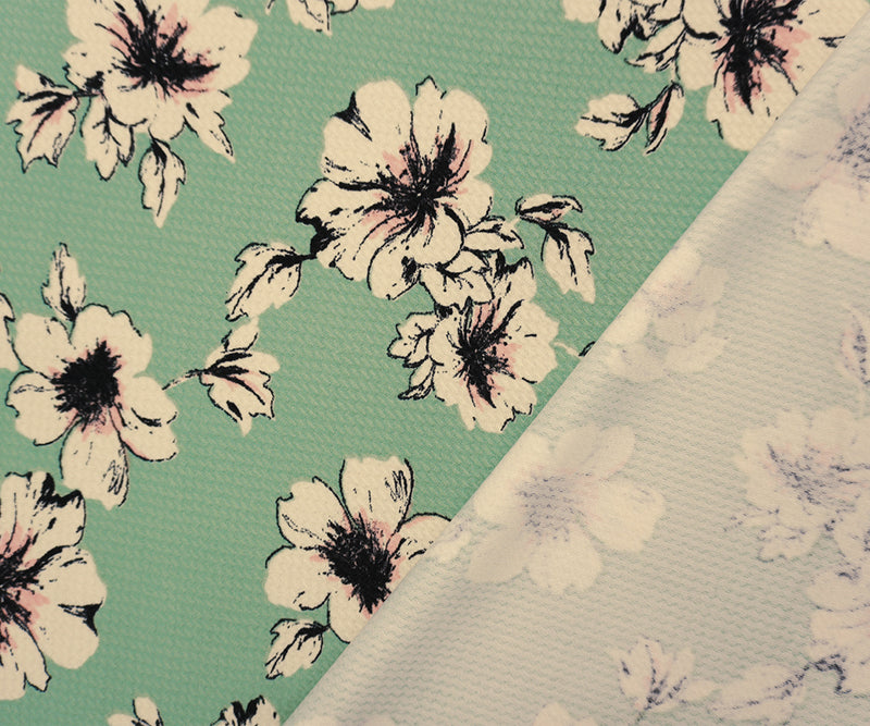 Green-Beige-Multi Poly Stretch Floral Bullet Double Knit Fabric