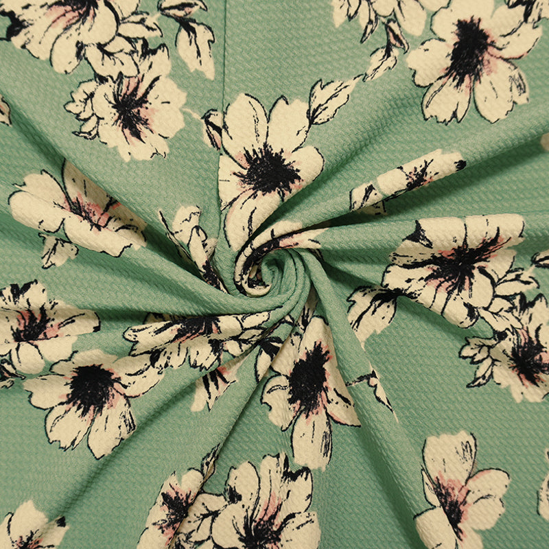 Green-Beige-Multi Poly Stretch Floral Bullet Double Knit Fabric