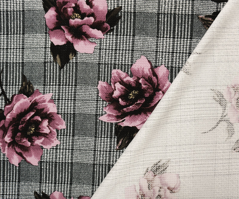 Black-Purple Poly Floral Plaid Printed Bullet Double Knit Fabric