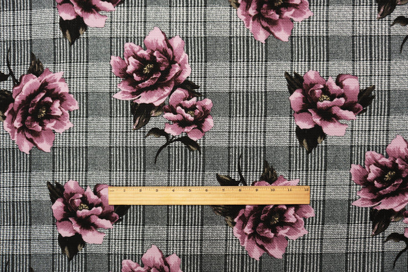 Black-Purple Poly Floral Plaid Printed Bullet Double Knit Fabric