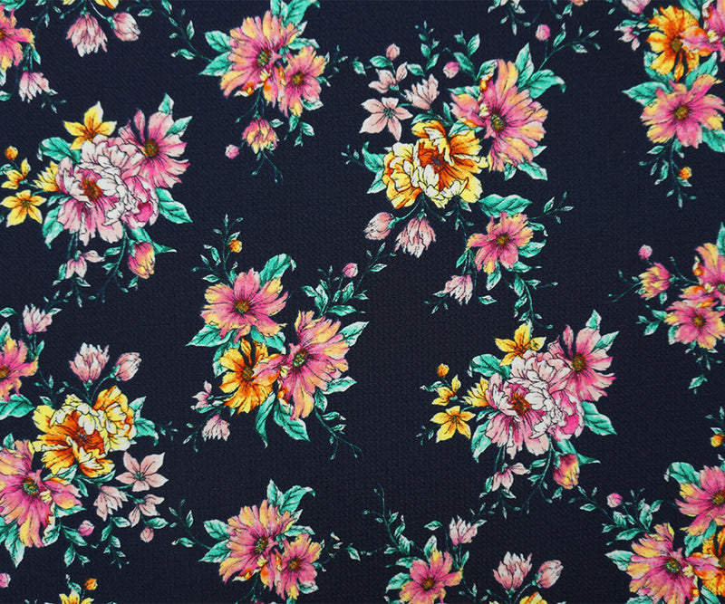 Deep Navy-Pink Poly Floral Printed Bullet Double Knit Fabric