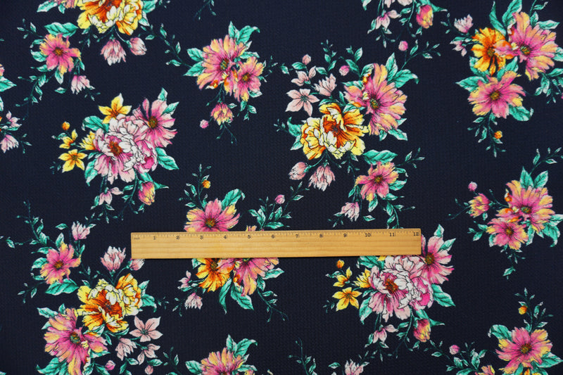 Deep Navy-Pink Poly Floral Printed Bullet Double Knit Fabric