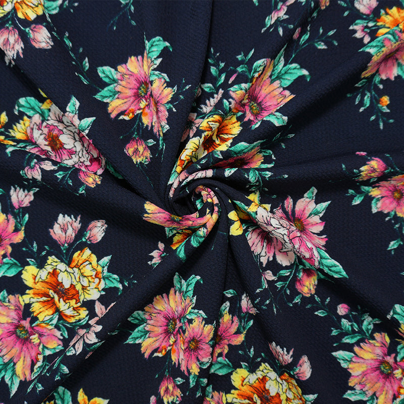 Deep Navy-Pink Poly Floral Printed Bullet Double Knit Fabric