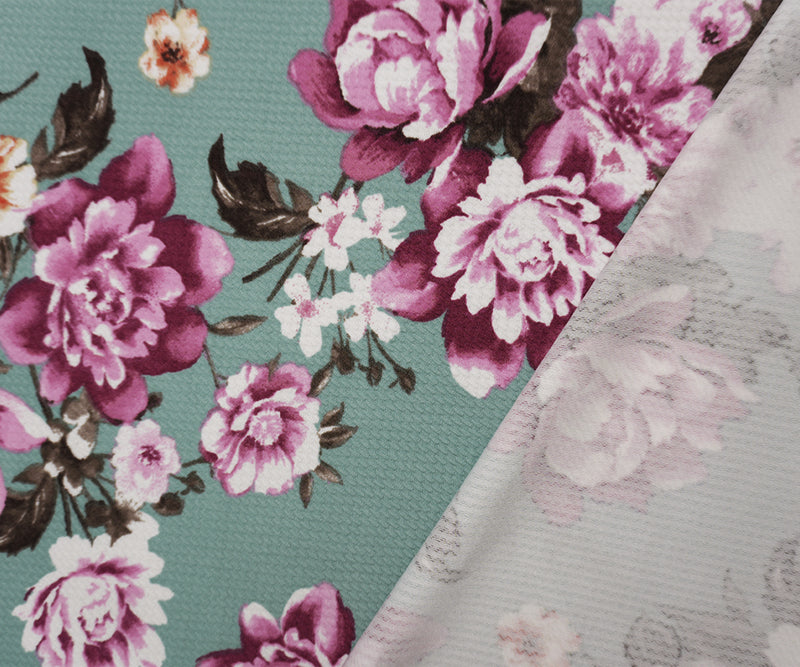 Teal-Pink-Multi Poly Stretch Floral Bullet Double Knit Fabric