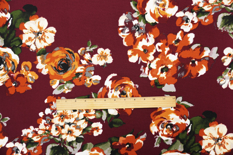 Red-Multi Poly Stretch Floral Printed Bullet Double Knit Fabric