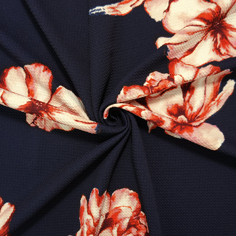 Deep Navy-Red Poly Stretch Floral Bullet Double Knit Fabric