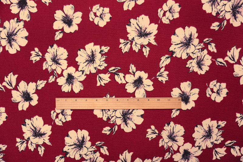 Red-Beige-Pink Poly Stretch Floral Bullet Double Knit Fabric