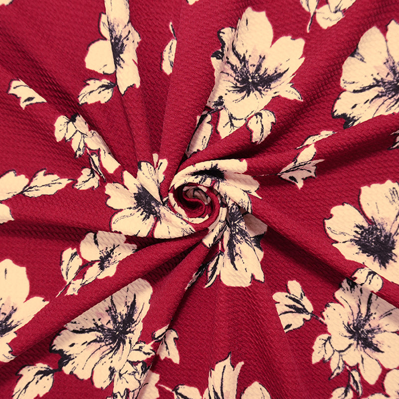 Red-Beige-Pink Poly Stretch Floral Bullet Double Knit Fabric