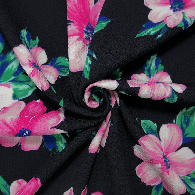 Black-Pink-Multi Poly Stretch Floral Bullet Double Knit Fabric