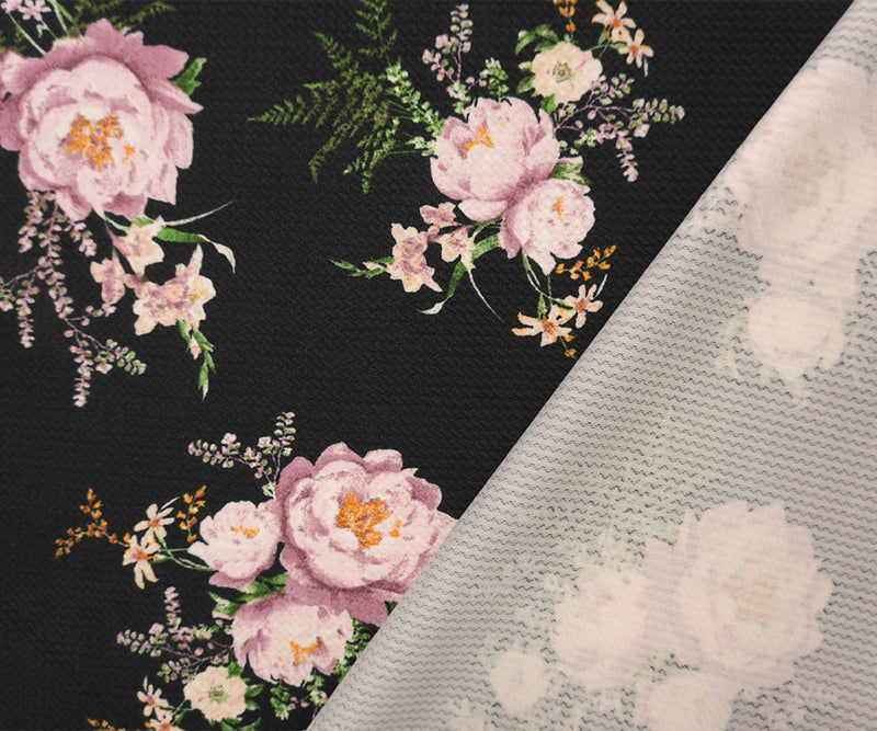 Black-Purple-Multi Poly Stretch Floral Bullet Double Knit Fabric