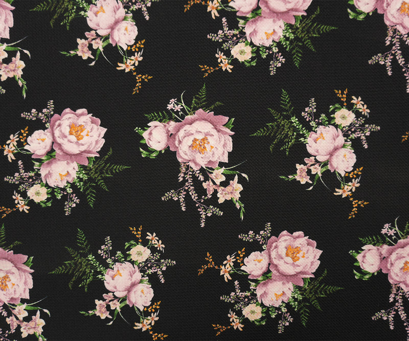Black-Purple-Multi Poly Stretch Floral Bullet Double Knit Fabric