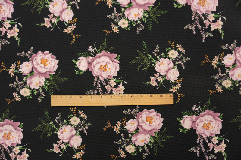 Black-Purple-Multi Poly Stretch Floral Bullet Double Knit Fabric