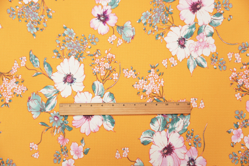 Yellow-Pink-Multi Poly Stretch Floral Bullet Double Knit Fabric