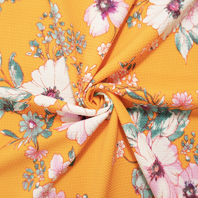 Yellow-Pink-Multi Poly Stretch Floral Bullet Double Knit Fabric