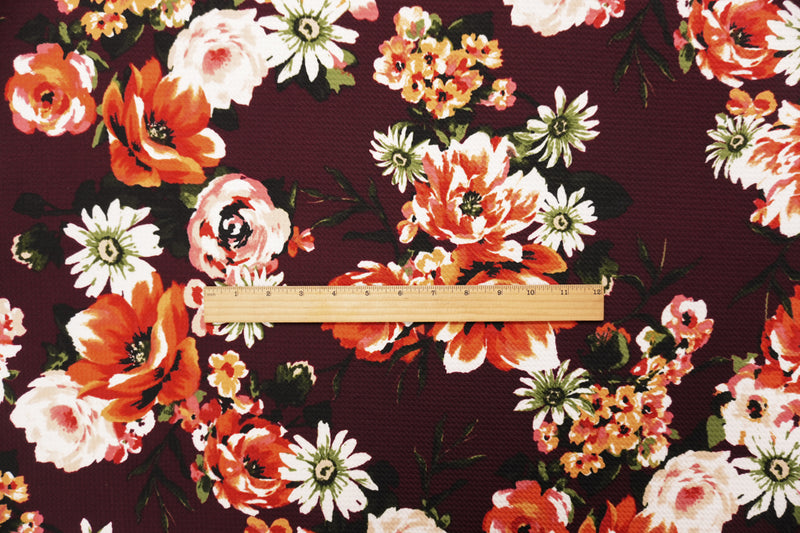 Deep Red-Multi Poly Stretch Floral Bullet Double Knit Fabric