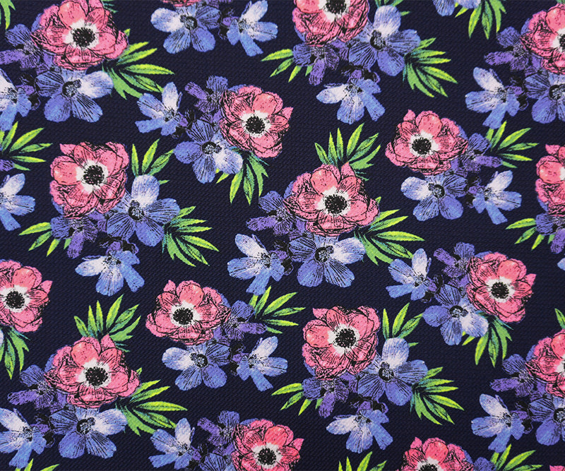Deep Navy-Multi Poly Stretch Floral Bullet Double Knit Fabric