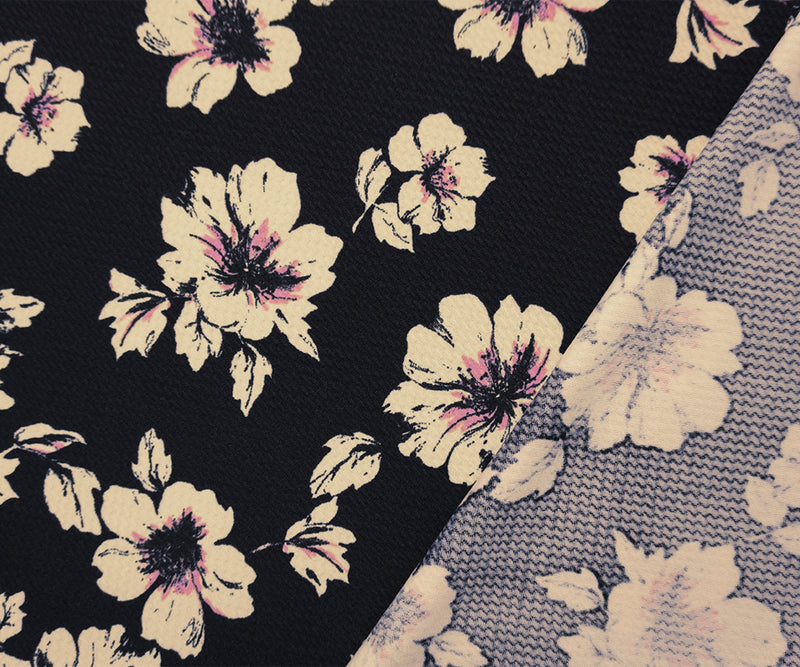 Black-Beige-Pink Poly Stretch Floral Bullet Double Knit Fabric