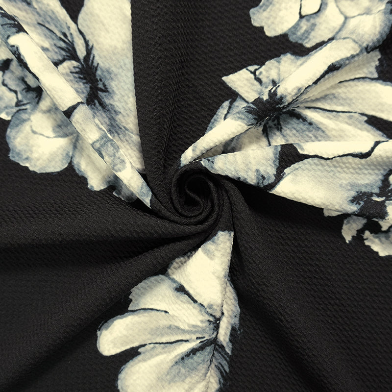 Black-Gray Poly Stretch Floral Printed Bullet Double Knit Fabric