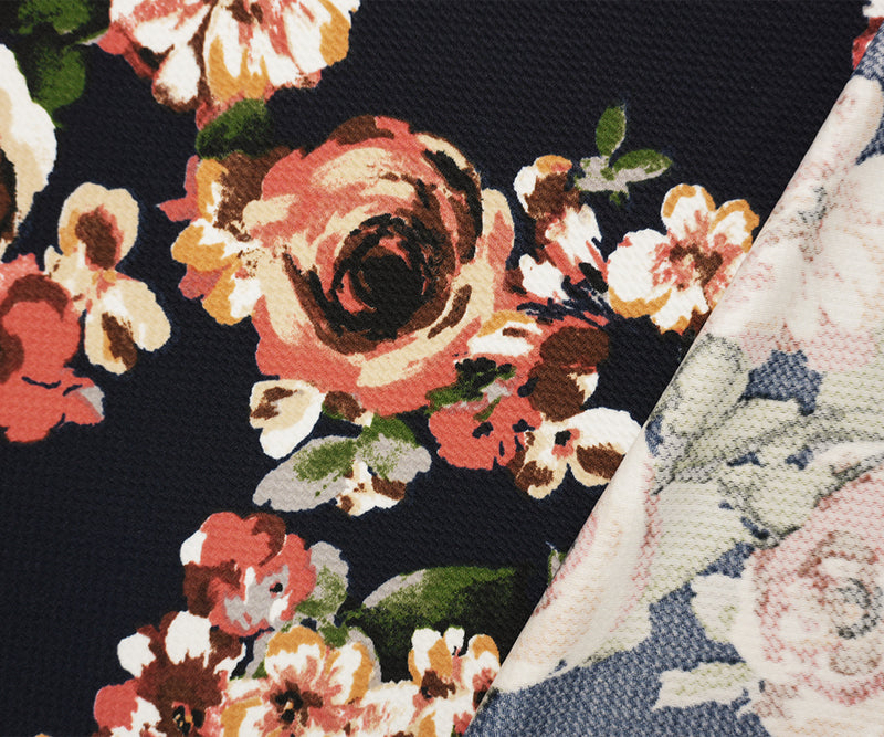 Deep Navy-Multi Poly Stretch Floral Bullet Double Knit Fabric